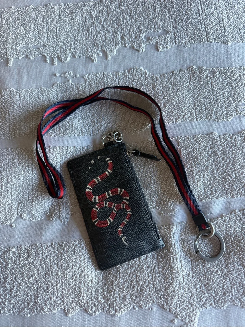 Gucci Black Card Case with Red & White Snake and Navy-Red Web Strap